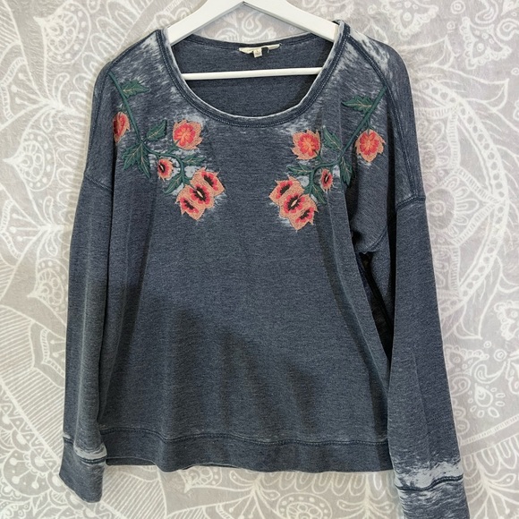 GORGEOUS LUCKY BRAND TOP L LARGE EMBROIDERED GRAY BURNOUT 792 PINK ROSES WHITE - Picture 6 of 14